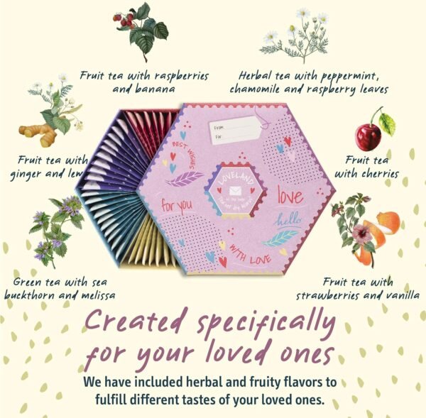 ACORO | Assortimento di tè Loveland | Confezione Regalo Confezione Regalo con Cestino di Tè Naturali Assortiti di 6 Gusti | Sorprendi i tuoi cari | Casella di selezione grande | 60 bustine di tè