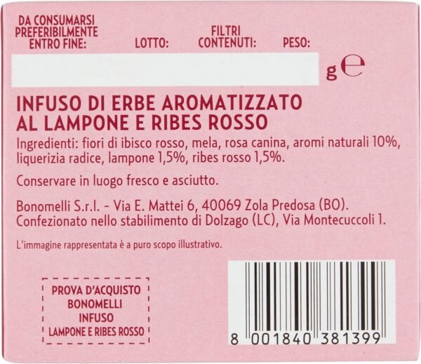 Bonomelli - Infusi Fruttati, Lampone e Ribes Rosso, Confezione da 12 Filtri, Gusto Rinfrescante e Leggermente Acido, Infuso Caldo e Freddo, Ingredienti 100% Naturali (24g)