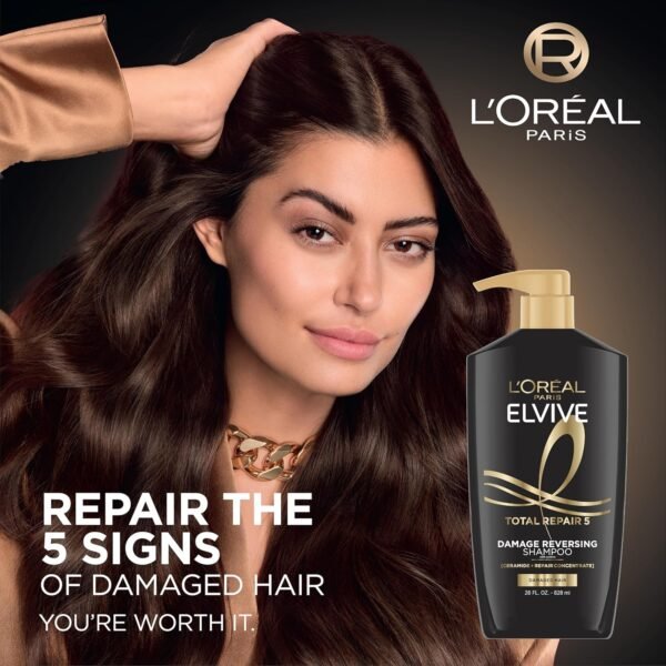 L'Oréal Paris Elvive Total Repair 5 Shampoo riparatore, per capelli danneggiati, shampoo con proteine ​​e ceramide per capelli forti, setosi, lucenti, sani e rinnovati, 28 fl. oz.