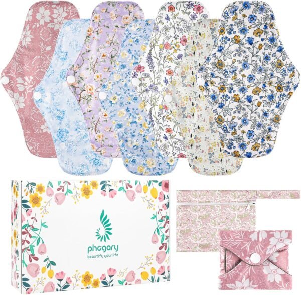 PHOGARY Fodere lavabili, Cuscinetti per incontinenza per donna, Protezione igienica lavabile riutilizzabile assorbente con 1 Borsa per il trasporto, 7 Pezzi