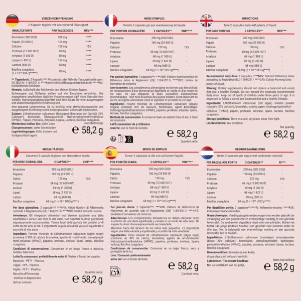 91xpmTm4RJL._AC_SL1500_.jpg Enzimi Digestivi - Alta Concentrazione di Enzimi: Amilasi, Proteasi, Lattasi, Lipasi, Bromelina, Papaina - Capsule Gastroresistenti - Con Probiotico - 90 Capsule Vegane, Senza Additivi