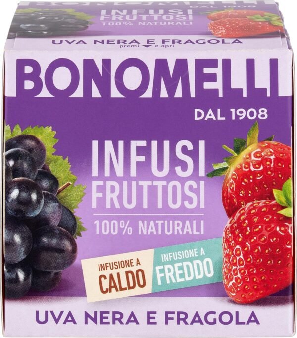 Bonomelli Infusi Fruttati, Uva Nera e Fragola, Confezione da 12 Filtri, Gusto Intenso e Delicato, Infuso Caldo e Freddo, Ingredienti 100% Naturali (24g)