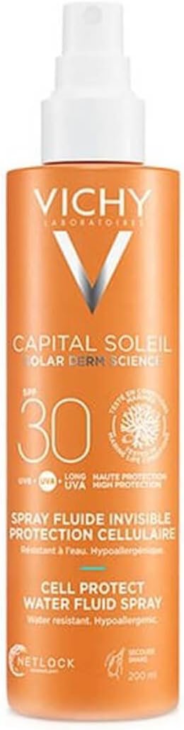 Vichy Capital Soleil SPF30 Fluido Spray Leggero per Tutti i Tipi di Pelle Protegge e Previene i Danni del Sole UVB, UVA e Raggi UVA Lunghi, Formula Leggera con Tecnologia Netlock, 200 ml, Capital Soleil