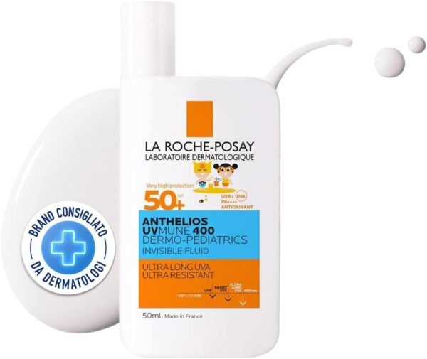 La Roche-Posay, Anthelios UVmune 400 Dermo-Pediatrics SPF50+, Fluido viso invisibile, Protezione molto alta per bambini, Senza profumo, Texture fluida, Adatto per pelli sensibili, 50 ml