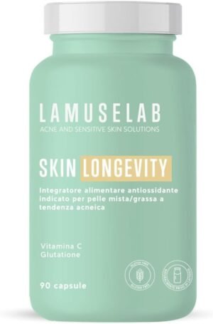LAMUSELAB Integratore Skin Longevity con Vitamina C, Magnesio, Zinco, Potassio e Glutatione, per il Benessere di Pelle, Capelli e Unghie, Antiossidante 90 Capsule