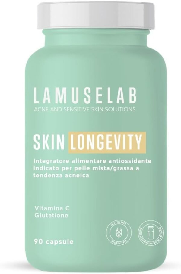 LAMUSELAB Integratore Skin Longevity con Vitamina C, Magnesio, Zinco, Potassio e Glutatione, per il Benessere di Pelle, Capelli e Unghie, Antiossidante 90 Capsule
