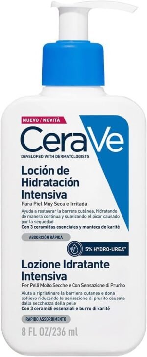CeraVe lozione idratante intensiva per pelli molto secche, azione lenitiva, sollievo immediato dal prurito con 3 ceramidi essenziali, idrourea e burro di karitè, 8 oz