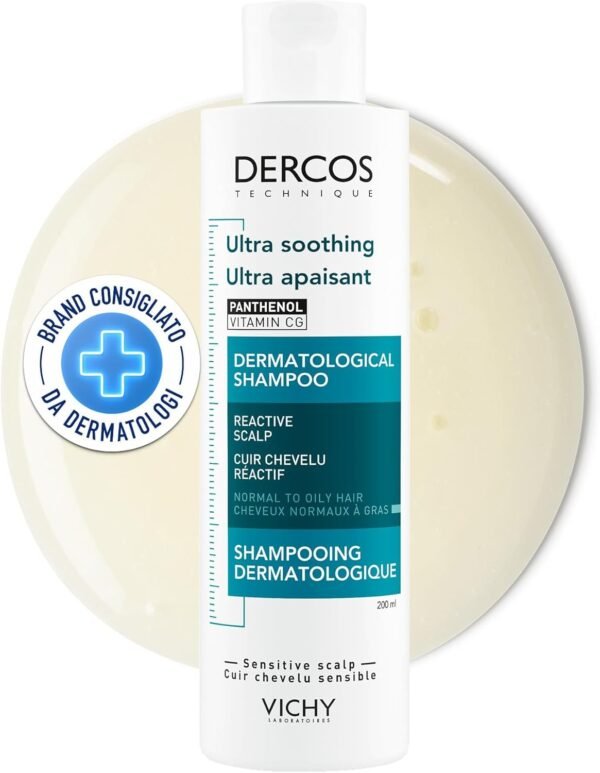 Vichy Dercos Shampoo Ultra Lenitivo per Tutti i Tipi di Capelli, Azione Lenitiva, Prurito del Cuoio Capelluto e Attenuazione del Rossore con Vitamina Cg e Pantenolo, 200 ml