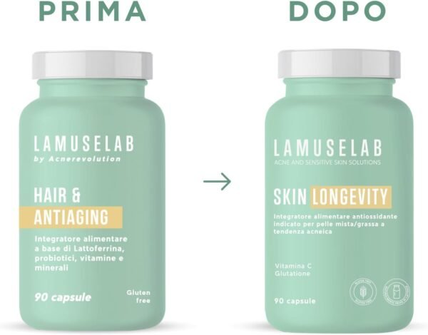 LAMUSELAB Integratore Skin Longevity con Vitamina C, Magnesio, Zinco, Potassio e Glutatione, per il Benessere di Pelle, Capelli e Unghie, Antiossidante 90 Capsule