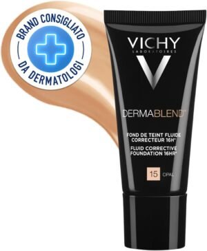 Vichy Dermablend Fondotinta Fluido Correttore 16h, Per Tutti i Tipi di Pelle, Elevata Copertura di imperfezioni e macchie, Colorazione Uniforme, Tonalità: 15, 30 ml