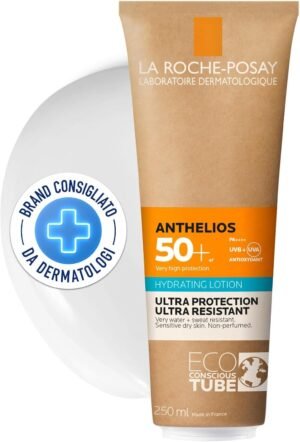 La Roche-Posay Anthelios SPF50+ Latte idratante per pelli sensibili e allergiche, Elevata protezione UV, Tecnologia Netlock, Tubo con il 75% di plastica in meno*, 250 ml *Rispetto al tubo standard