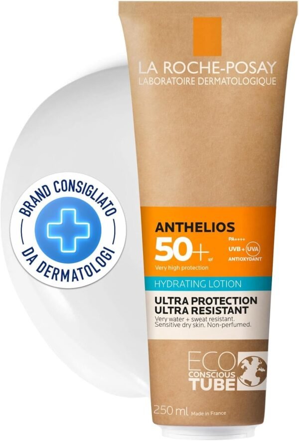 61PMDaDksCL._AC_SL1500_.jpg La Roche-Posay Anthelios SPF50+ Latte idratante per pelli sensibili e allergiche, Elevata protezione UV, Tecnologia Netlock, Tubo con il 75% di plastica in meno*, 250 ml *Rispetto al tubo standard