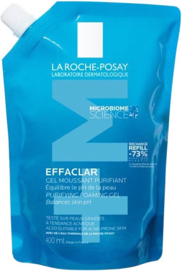 La Roche-Posay, Effaclar Eco-Recharge Gel schiumogeno purificante, Deterge e opacizza delicatamente, Formula senza sapone, PH fisiologico, Per pelli grasse a tendenza acneica, 400 ml