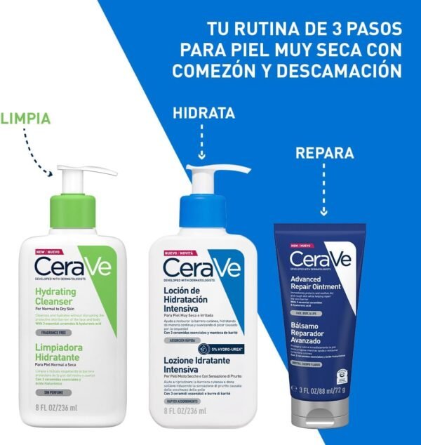 CeraVe lozione idratante intensiva per pelli molto secche, azione lenitiva, sollievo immediato dal prurito con 3 ceramidi essenziali, idrourea e burro di karitè, 8 oz