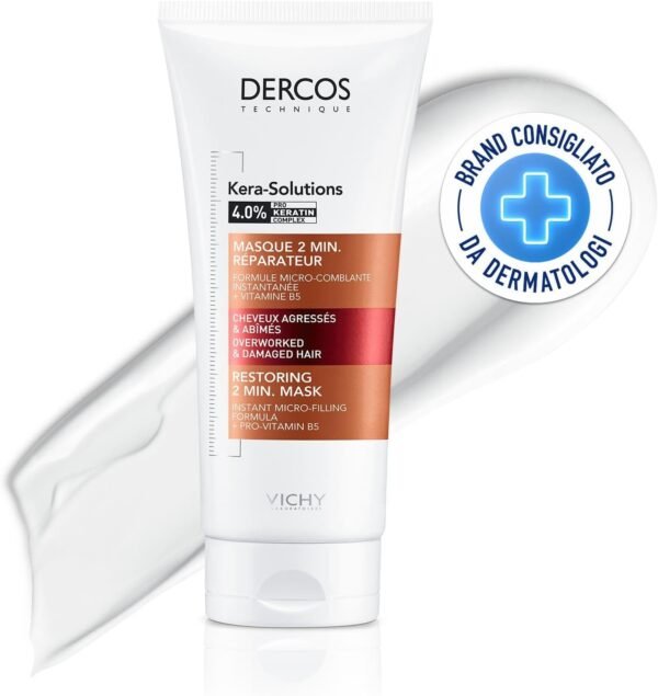 Vichy Dercos Maschera riparatrice per cuoio capelluto sensibile, Fibra capillare riparata, Capelli luminosi, Tecnologia di microriempimento, Complesso Pro-Keratin, Kera-Solutions, 250ml
