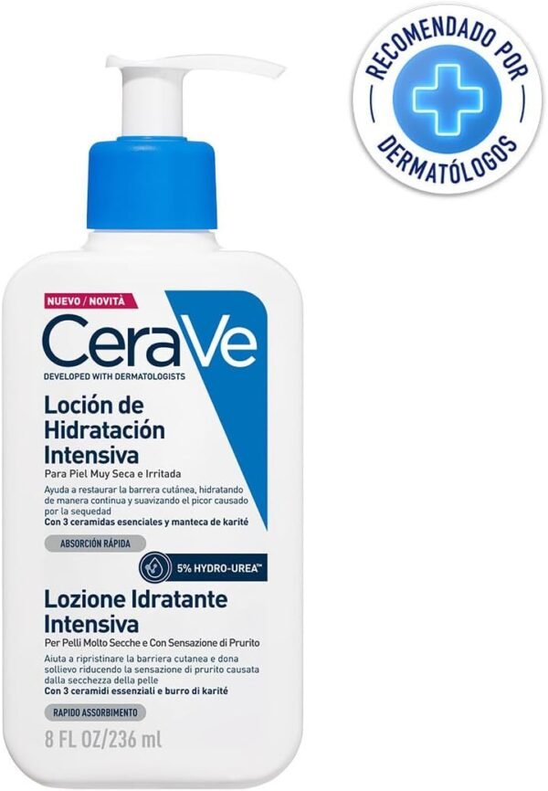 CeraVe lozione idratante intensiva per pelli molto secche, azione lenitiva, sollievo immediato dal prurito con 3 ceramidi essenziali, idrourea e burro di karitè, 8 oz