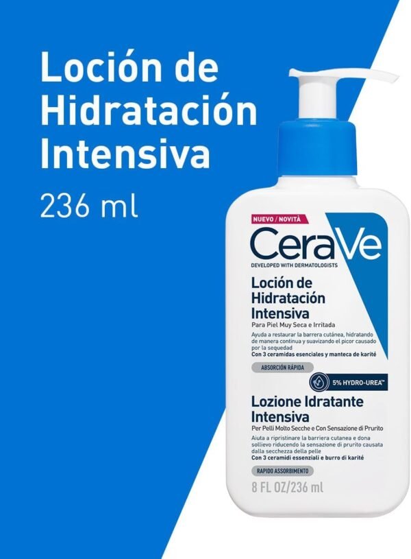 CeraVe lozione idratante intensiva per pelli molto secche, azione lenitiva, sollievo immediato dal prurito con 3 ceramidi essenziali, idrourea e burro di karitè, 8 oz