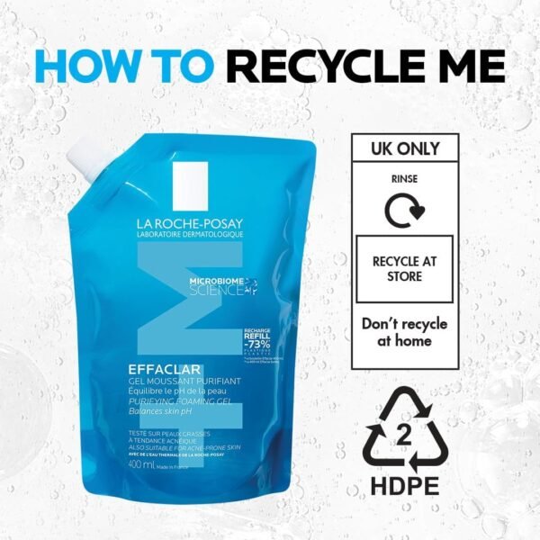 La Roche-Posay, Effaclar Eco-Recharge Gel schiumogeno purificante, Deterge e opacizza delicatamente, Formula senza sapone, PH fisiologico, Per pelli grasse a tendenza acneica, 400 ml