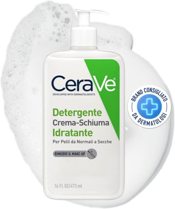 CeraVe Olio Detergente Crema-Schiuma Idratante per Pelli da normali a secche, Azione Rinfrescante, Rimuove Sebo e Impurità, con 3 Ceramidi Essenziali, Aminoacidi e Acido Ialuronico, 473 ml