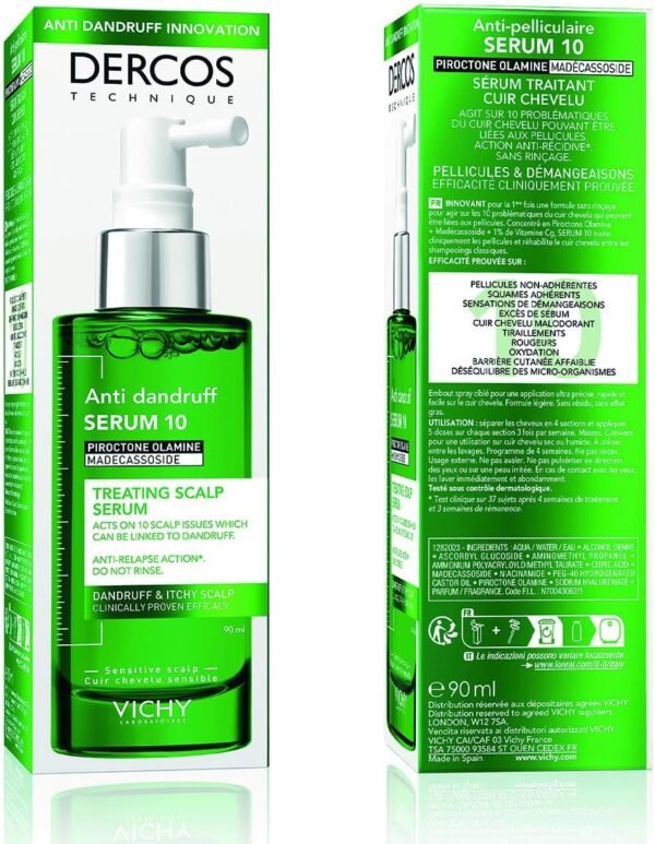Vichy Dercos Serum 10 Siero antiforfora multi-benefici, riduce l'eccesso di sebo e meno irritazioni, per un cuoio capelluto più sano, con piroctone olamina, madecassoside e vitamina C 90 ml