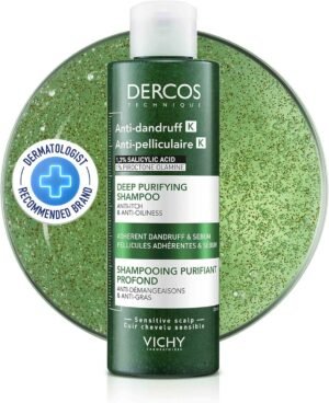 Vichy Dercos Shampoo Antiforfora K Per Tutti i Tipi di Capelli, Azione Purificante ed Esfoliante, Rimuove Sebo e Residui, Arricchito con Acido Salicilico, Piroctolamina e Glicerina, 250 ml