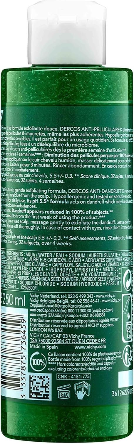 Vichy Dercos Shampoo Antiforfora K Per Tutti i Tipi di Capelli, Azione Purificante ed Esfoliante, Rimuove Sebo e Residui, Arricchito con Acido Salicilico, Piroctolamina e Glicerina, 250 ml